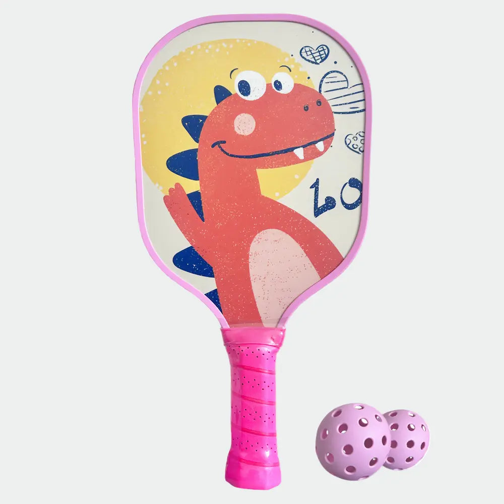 Children's paddle with dinosaur design and pink handle, accompanied by a ball on a white background