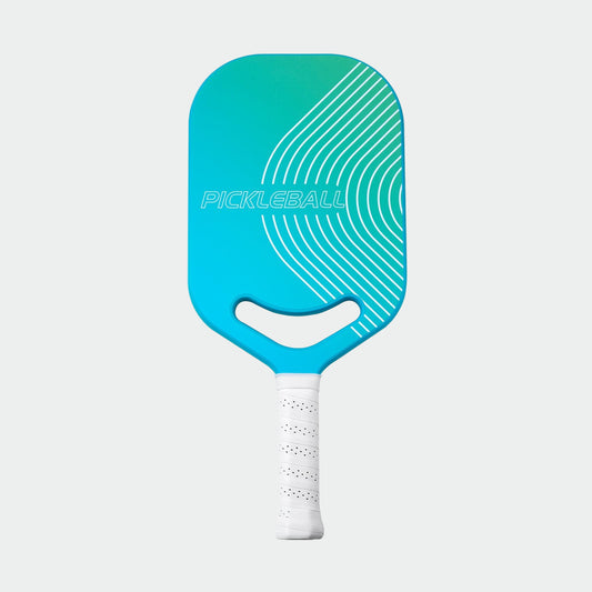 Blue pickleball paddle with white handle on a white background