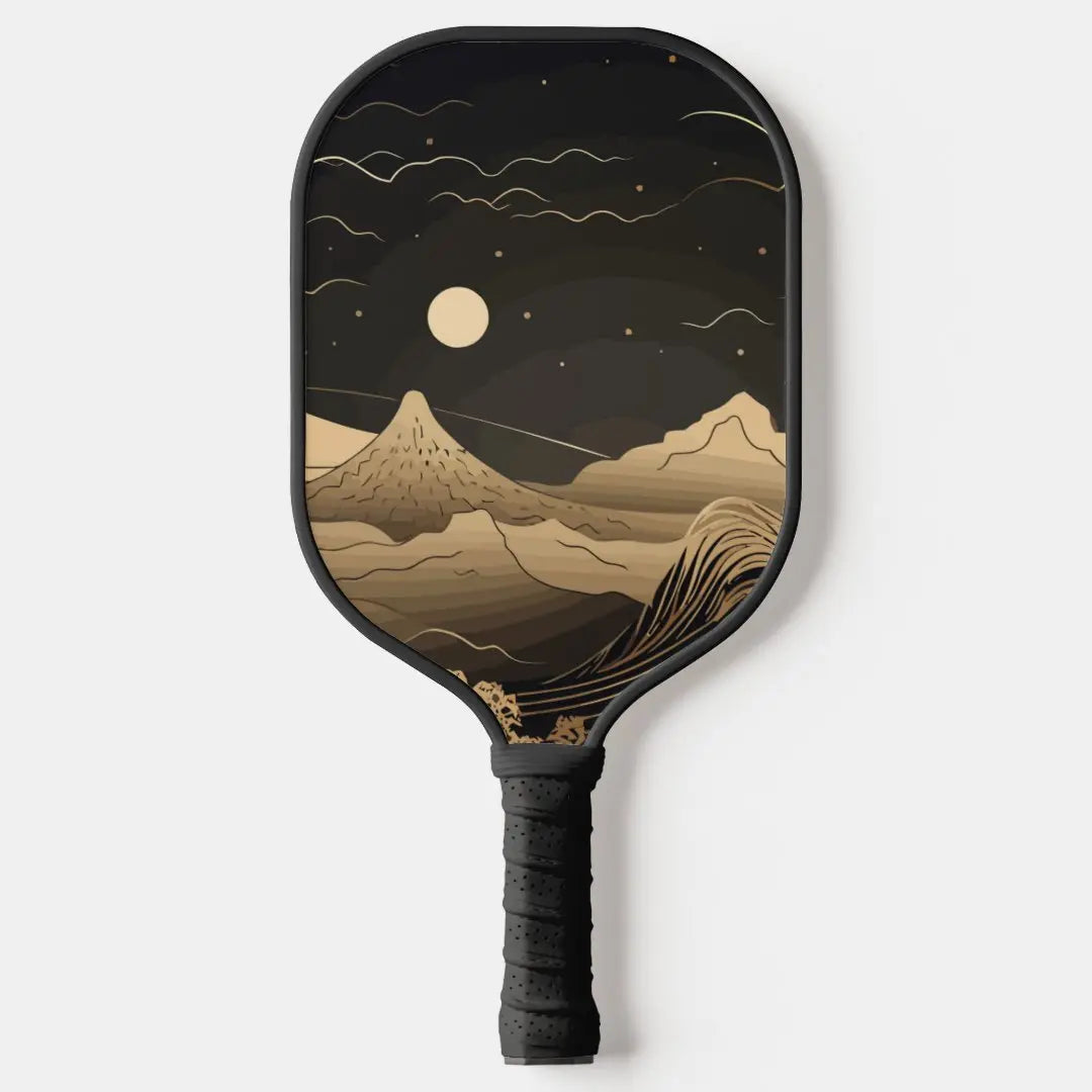 Pickleball paddle with mountain and moon design on a white background